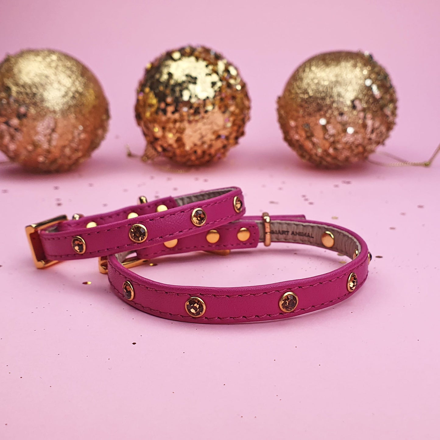Glamour Hundehalsband aus Leder - Venezianisches-Rosa, Goldkristalle