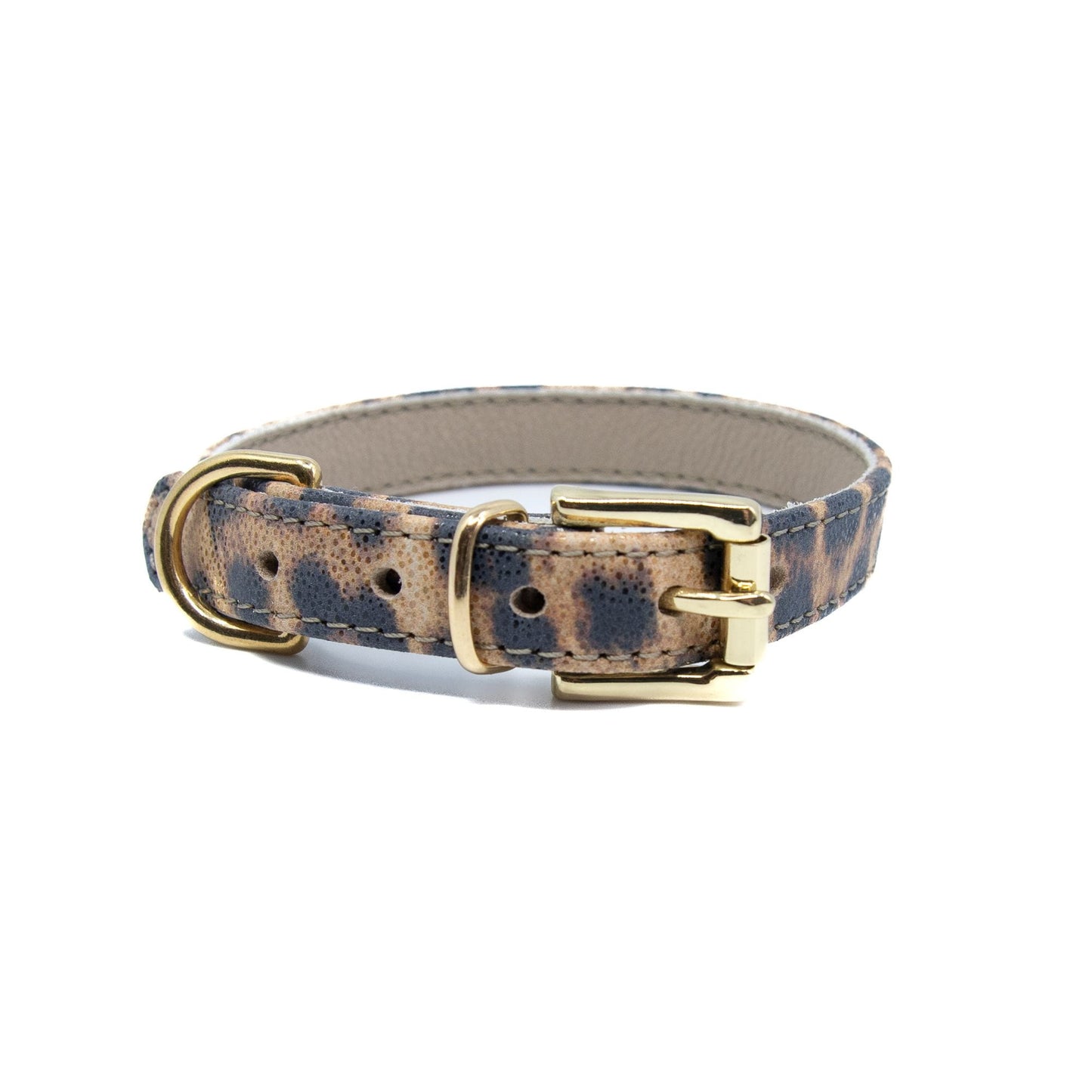 Lederhalsband für kleine Hunde - Leopard Blink mit goldenen Beschlägen