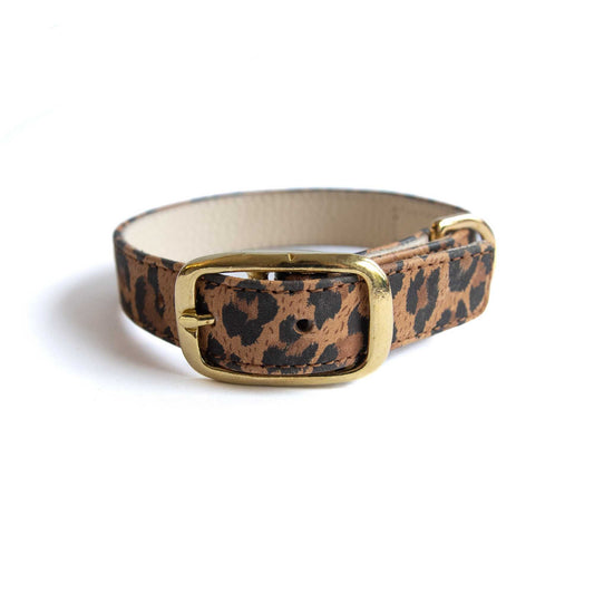 Lederhalsband für einen großen Hund - Leopard Ginger mit goldenen Beschlägen