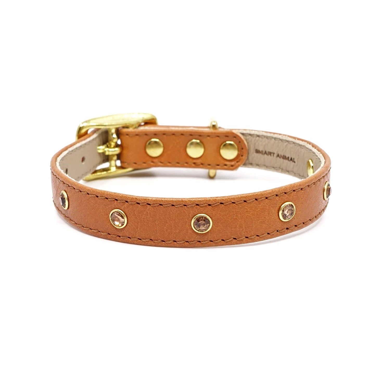 Glamour Hundehalsband aus Leder - Karamell, goldene Kristalle