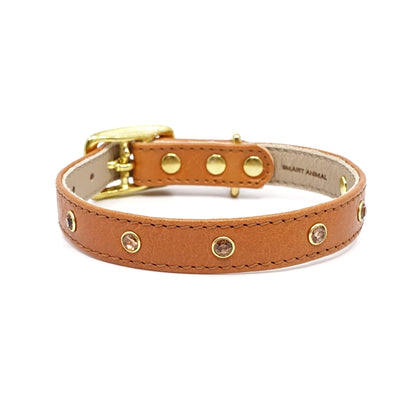 Glamour Hundehalsband aus Leder - Karamell, goldene Kristalle
