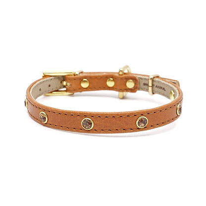 Glamour Hundehalsband aus Leder - Karamell, goldene Kristalle