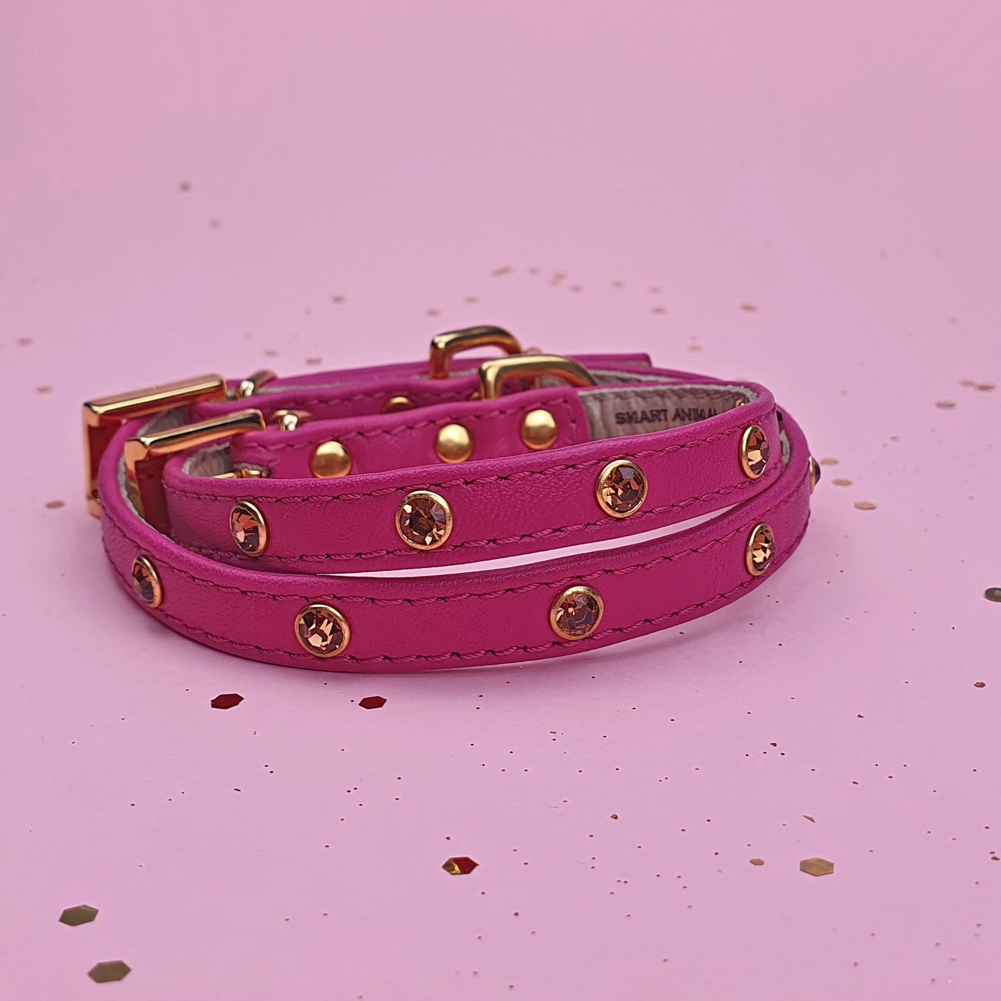 Glamour Hundehalsband aus Leder - Venezianisches-Rosa, Goldkristalle