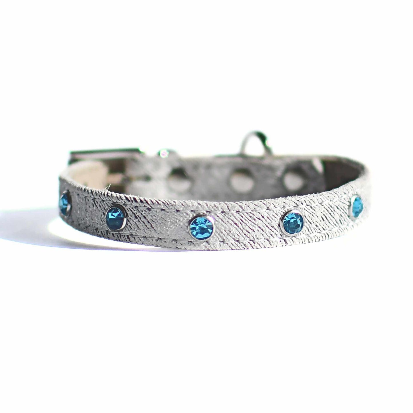 Glamour Hundehalsband aus Leder - Weiß, blaue Kristalle